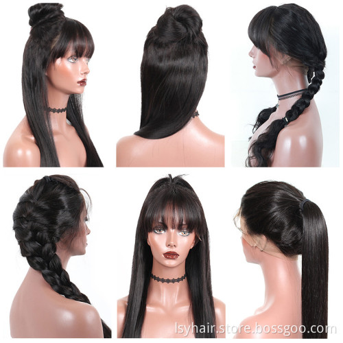 Lsy Long Silky Straight 360 Frontal Full Lace Wigs With Front Chic Bangs Fringe 150% Density 100% Indian Human Hair Wigs